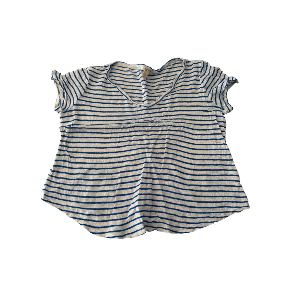 Banana Republic Women Blue White Striped 100% Linen V-Neck T-Shirt Size M